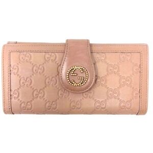 Gucci Wallet Long Continental Bifold Card Pink Leather GG Monogram Guccissima